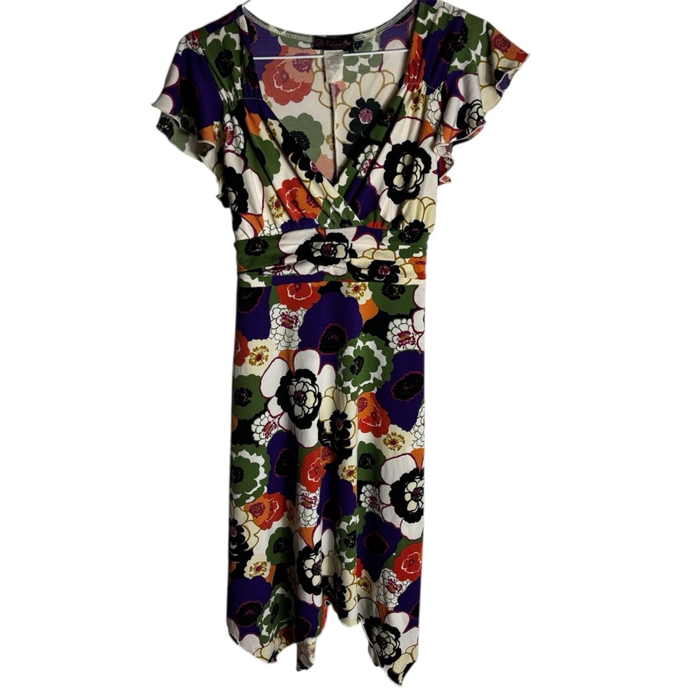Y2K floral poppy asymmetrical handkerchief hem flutter sleeve midi dress